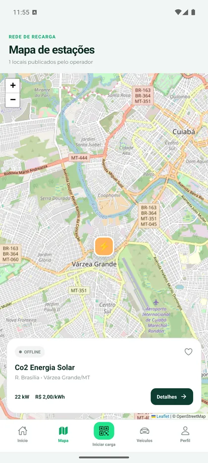 Mapa de estações no aplicativo Co2 Charger